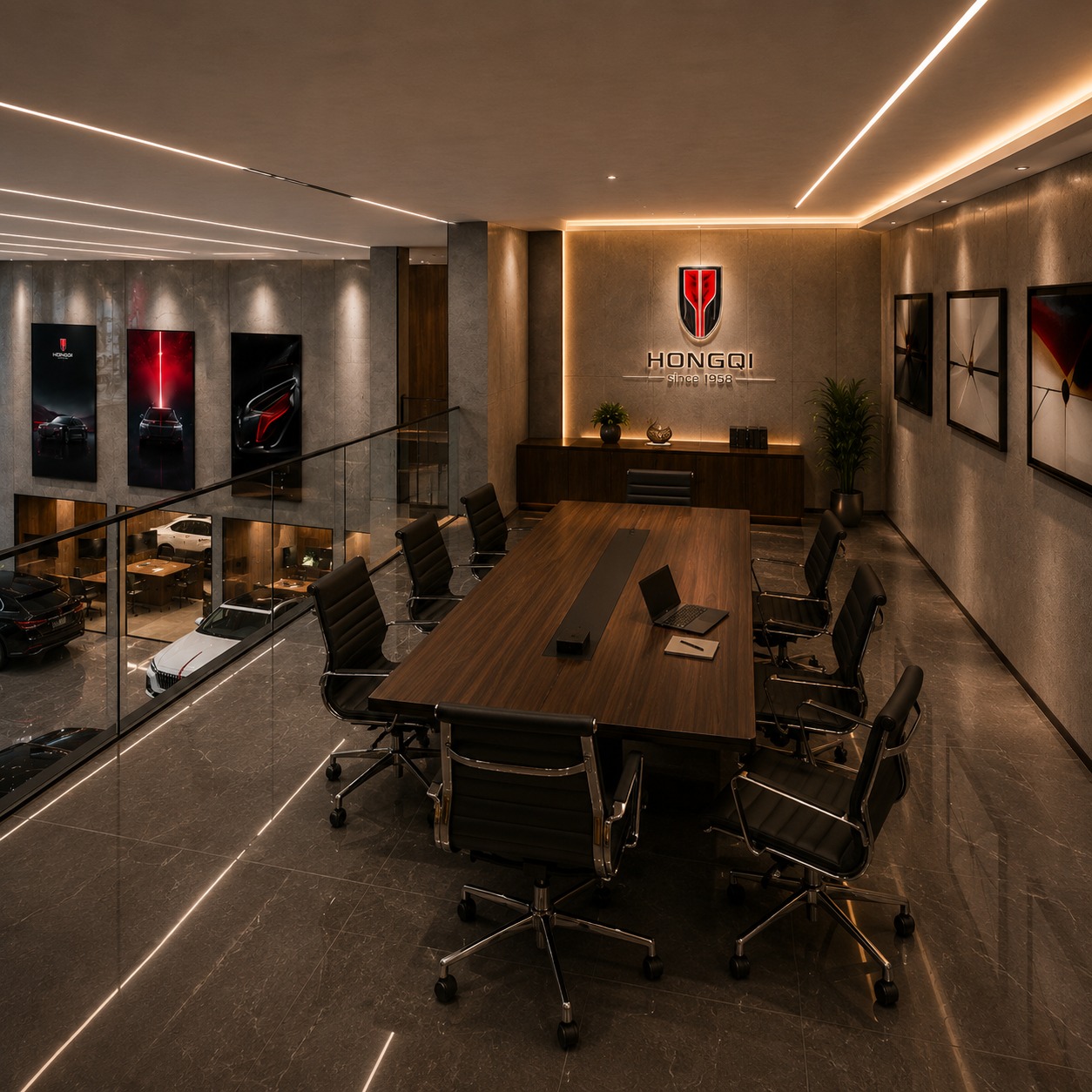 Sala de reuniones ejecutiva de HONGQI, con el emblema de la marca y el texto since 1958